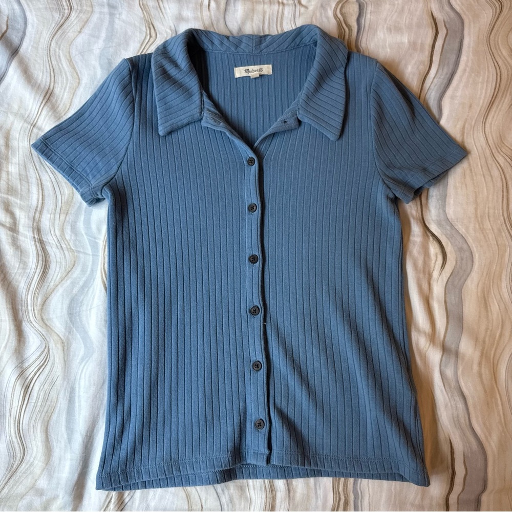 Madewell Blue Ribbed Polo - Picture 2 of 4